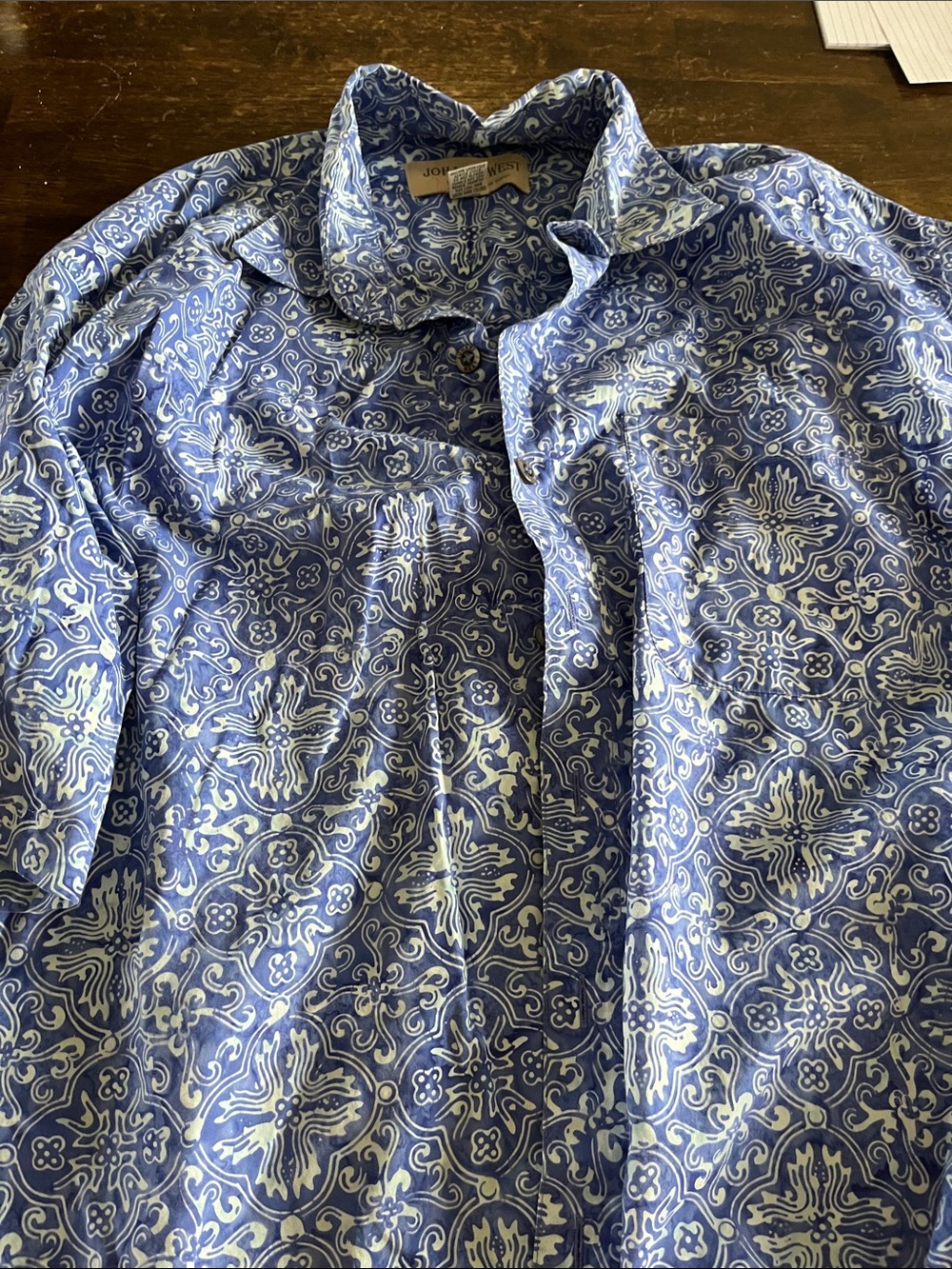Johari West Natural Leisure Blue & Light Cream Ornate-Print Button-Down Shirt